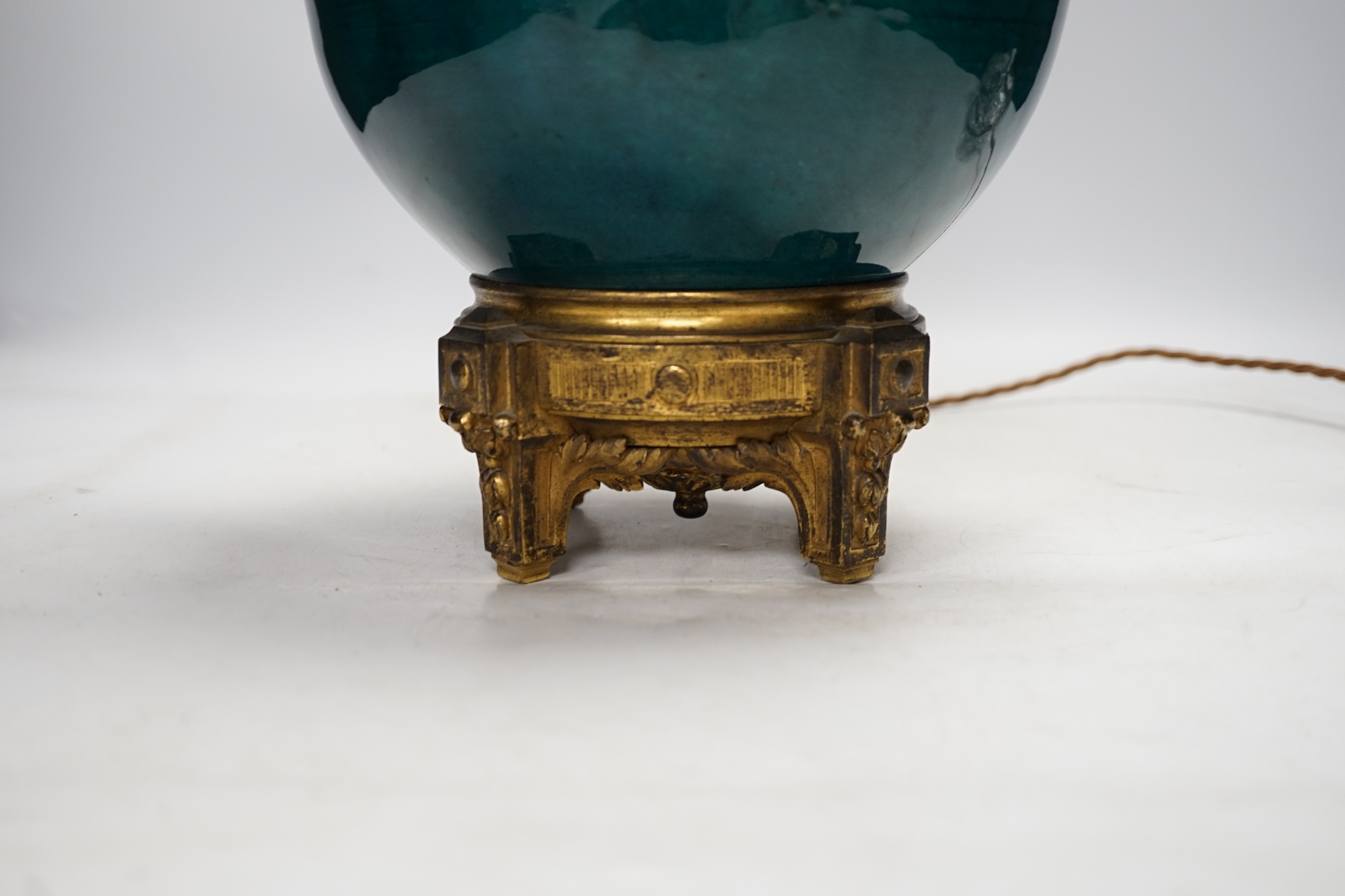 A Japanese turquoise pottery and ormolu vase converted to a table lamp, 38cm high. Condition - good